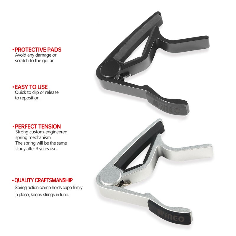 Wingo كابو جيتار بيد واحدة 6 أوتار من وينغو للجيتارات الصوتية والكهربائية - عبوة من 2 باللونين الأسود والفضي - Image 2